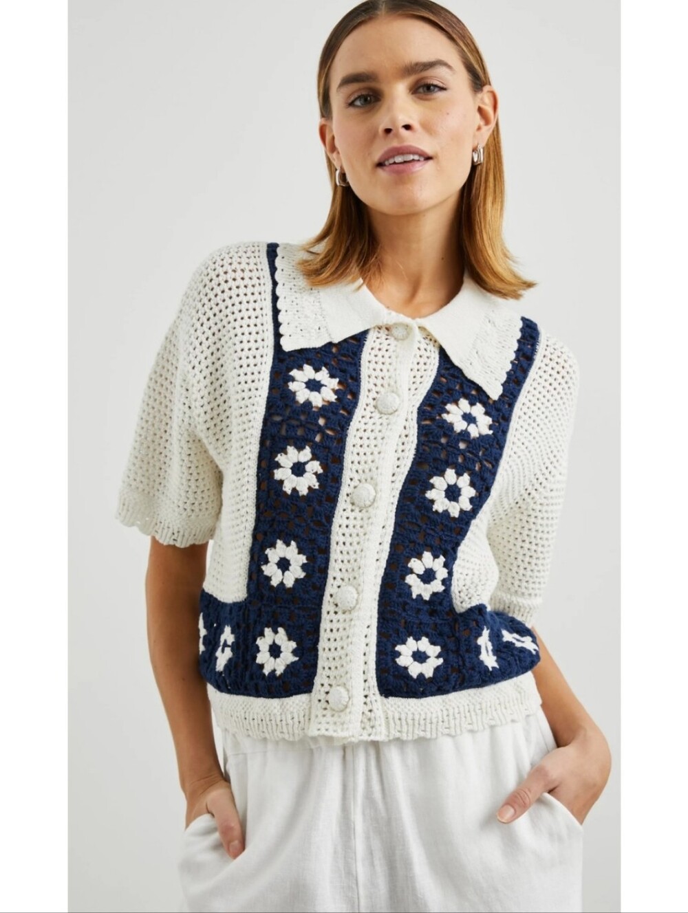 Rails Milan Daisy Crochet Button Down Cardigan Sweater Knit Top Navy Cream Small